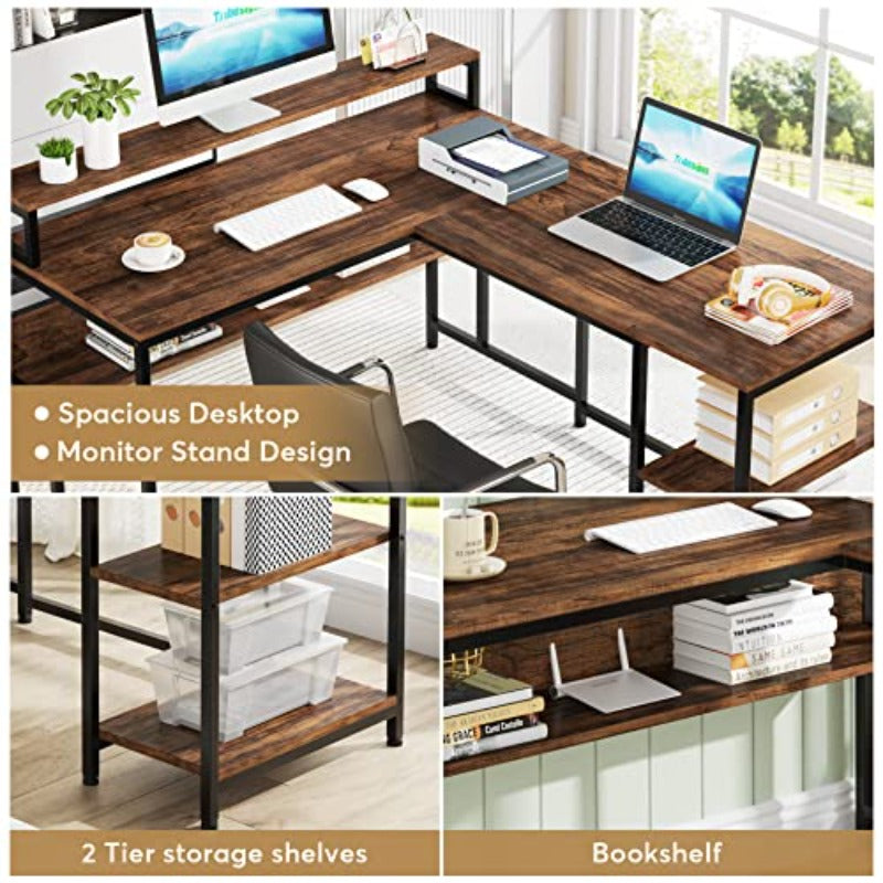 Y150CM Reversible L Shaped Desk, a Computer Table Featuring a Bookshelf And Monitor Shelf, Designed As an Industrial Desk in The Corner with Space for a Printer, Perfect for Home Office Use And Easy to Put Together