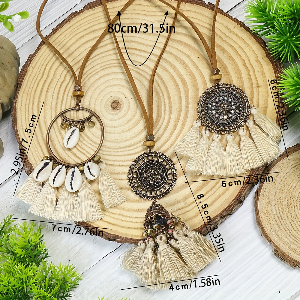 Boho-Chic 3pcs Set: Vintage-Inspired Tassel & Flower Pendant Necklaces with Rhinestone Accents - Zinc Alloy, Antique Bronze Finish for Casual Attire