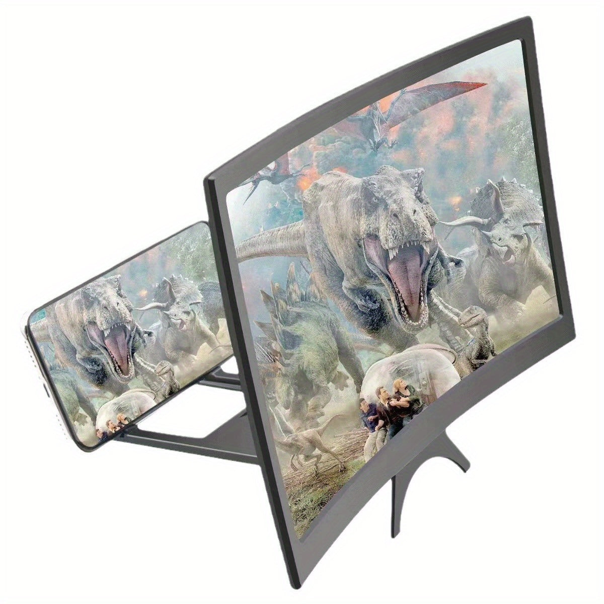 Portable black plastic curved screen magnifier for smartphones, with a stand, displaying a dinosaur scene.