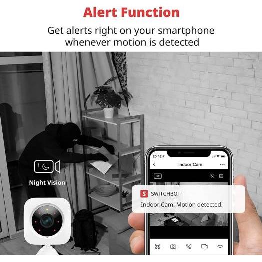 Switchbot Security Indoor Camera, With Motion Detection, Night Vision & 2 Way Audio, Works With Alexa, Battery Powered, Wifi Connectivity, For Home Security, White | W1301200