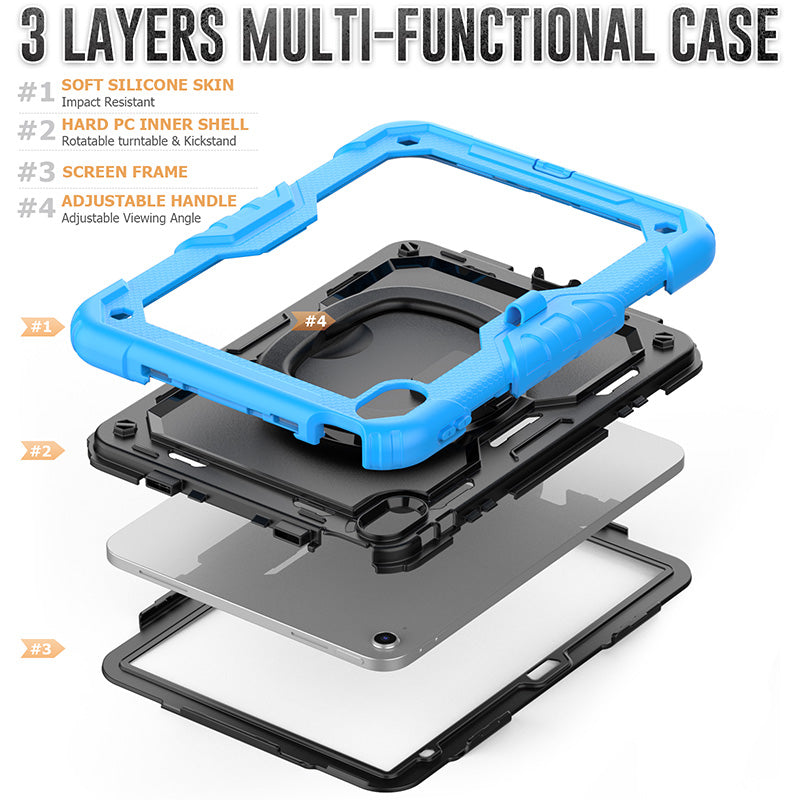 Rugged blue and black multi-layer iPad case with silicone skin, hard PC shell, screen frame, and rotating handle.