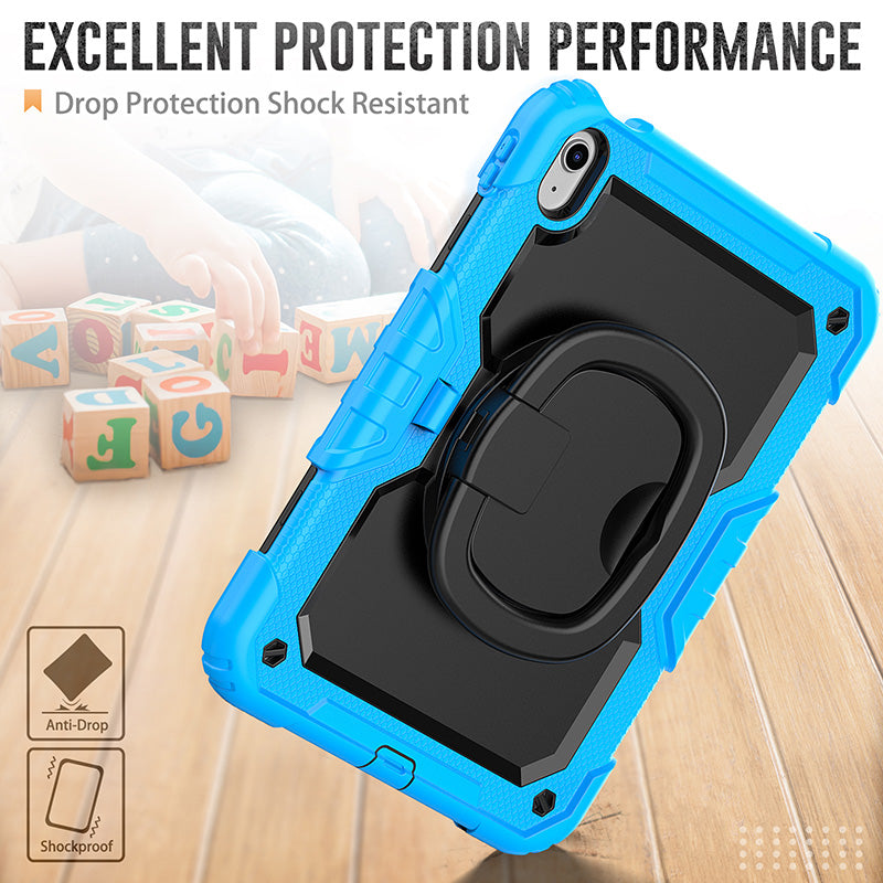 Bright blue and black rugged protective iPad case with a rotating stand, thick corners, and shockproof silicone hard shell.