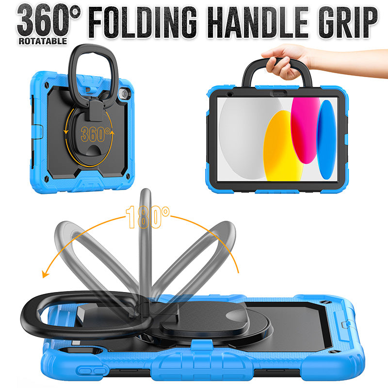 Blue rugged shockproof iPad case with a black 360-degree rotating handle grip that doubles as a 180-degree adjustable stand.
