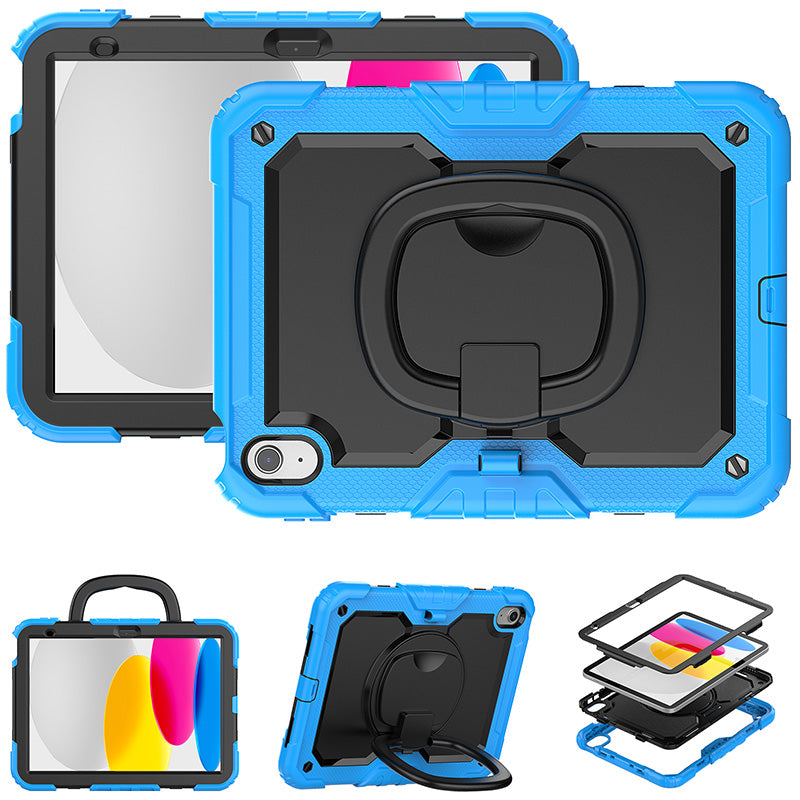 Blue rugged shockproof iPad case with rotating stand, handle, and multi-layer silicone hard shell for iPad 10th/11th gen.