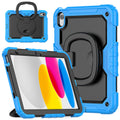 Bright blue rugged shockproof silicone iPad case with black rotating kickstand and carry handle.