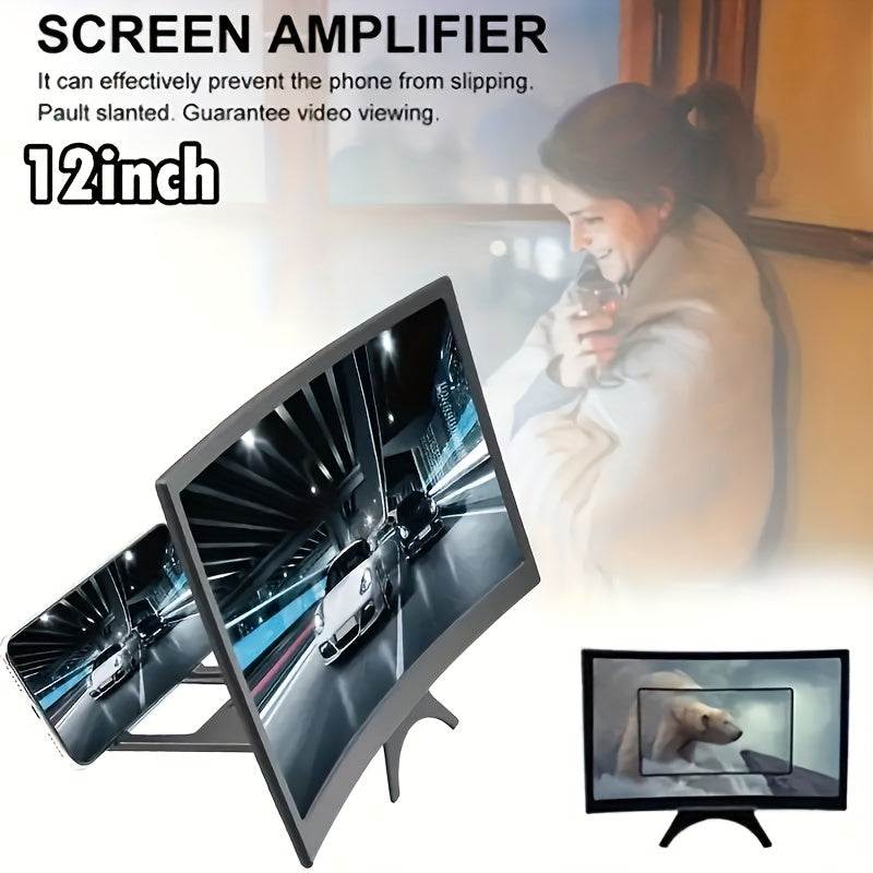 Portable 12-inch black plastic curved screen magnifier for smartphones with stand, offering high-definition and blue light protection.