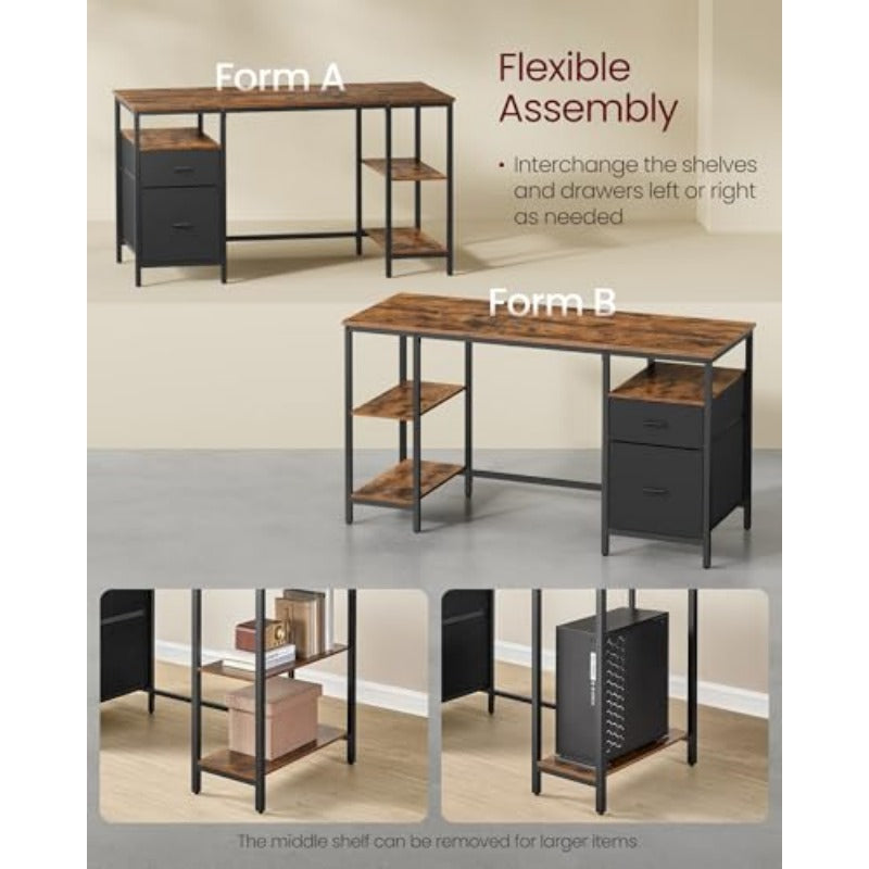 Modern Industrial Computer Desk with Storage - Rustic Brown & Black Table, 3-Shelf & 2-Drawer Storage, Sturdy Chipboard & Frame, Assembly Office Desk Suitable for Living Room, Computer Workstation