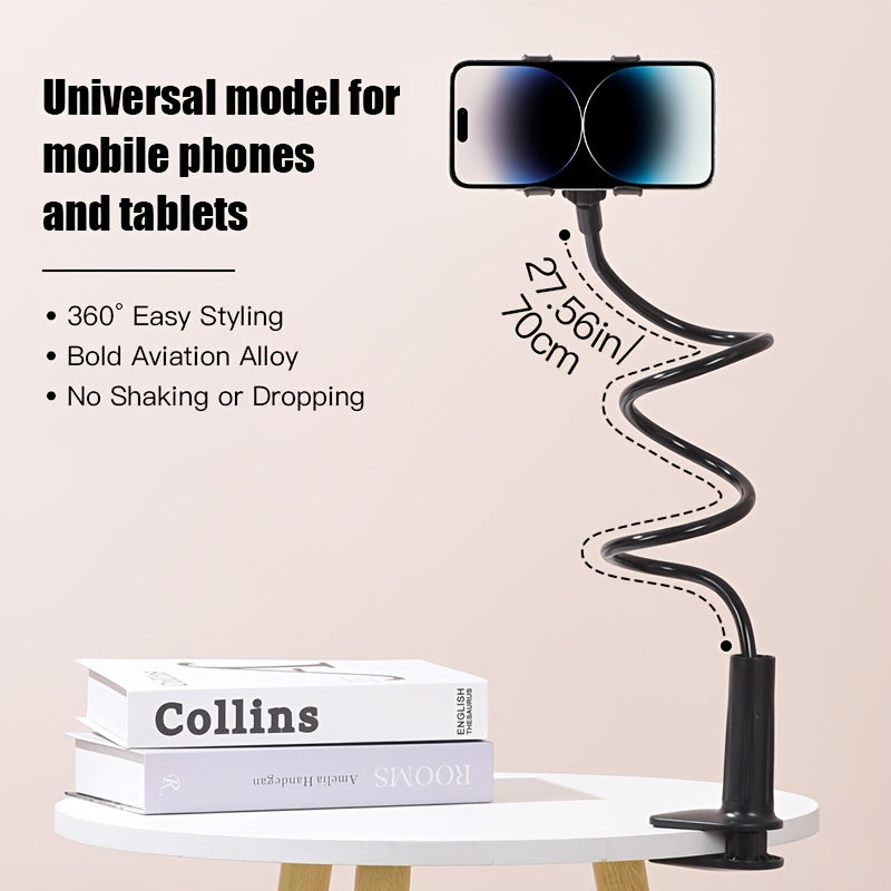 Black 70cm flexible gooseneck phone and tablet holder with a stable clamp base, holding a smartphone.