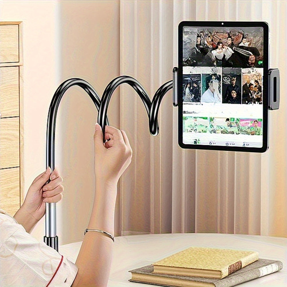 Hands adjust a black thicker flexible gooseneck tablet stand with a silver pole, holding a tablet.