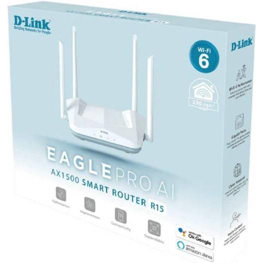 D-Link Eagle Pro AI AX1500 Smart Router, AI Based Mesh, Wi-Fi 6, Traffic Optimisers, Up to 1201Mbps (5GHz) / 300Mbps (2.4GHz) Speeds, WPA3 Wireless Security, MU MIMO, Pack of 100, White | R15-100-Pack