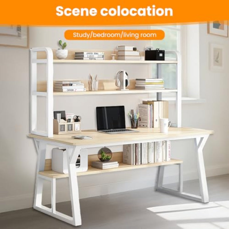 Modern Easy Office Desk | Computer Table with Bookshelf, Writing Desk for Home Office and Workstations, Small Space Study Table, 120*60*147.5cm (Maple)