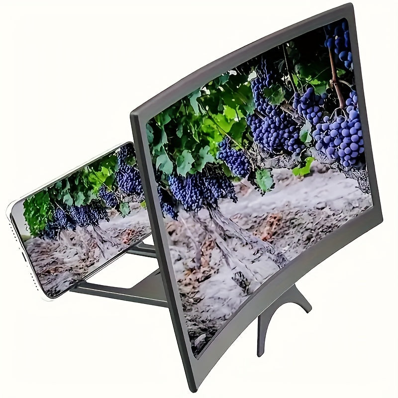 High-definition curved screen magnifier in dark gray, holding a smartphone displaying grapes, on its integrated stand.