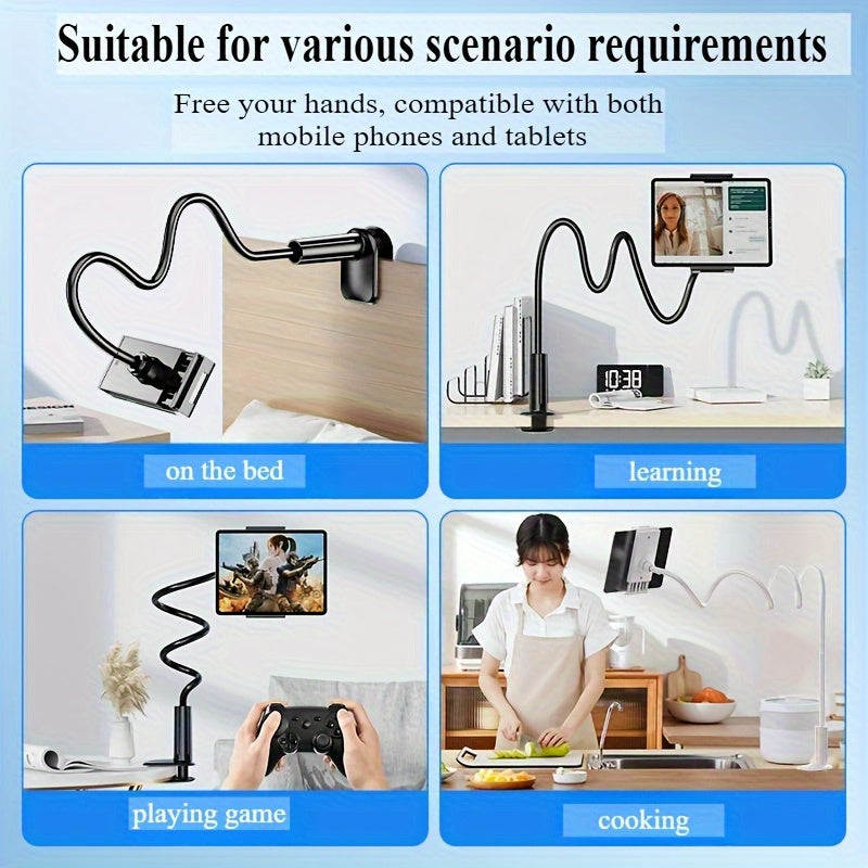 Black tablet and phone stand with a thick flexible gooseneck and clamp base, shown on a bed, desk, and kitchen counter.