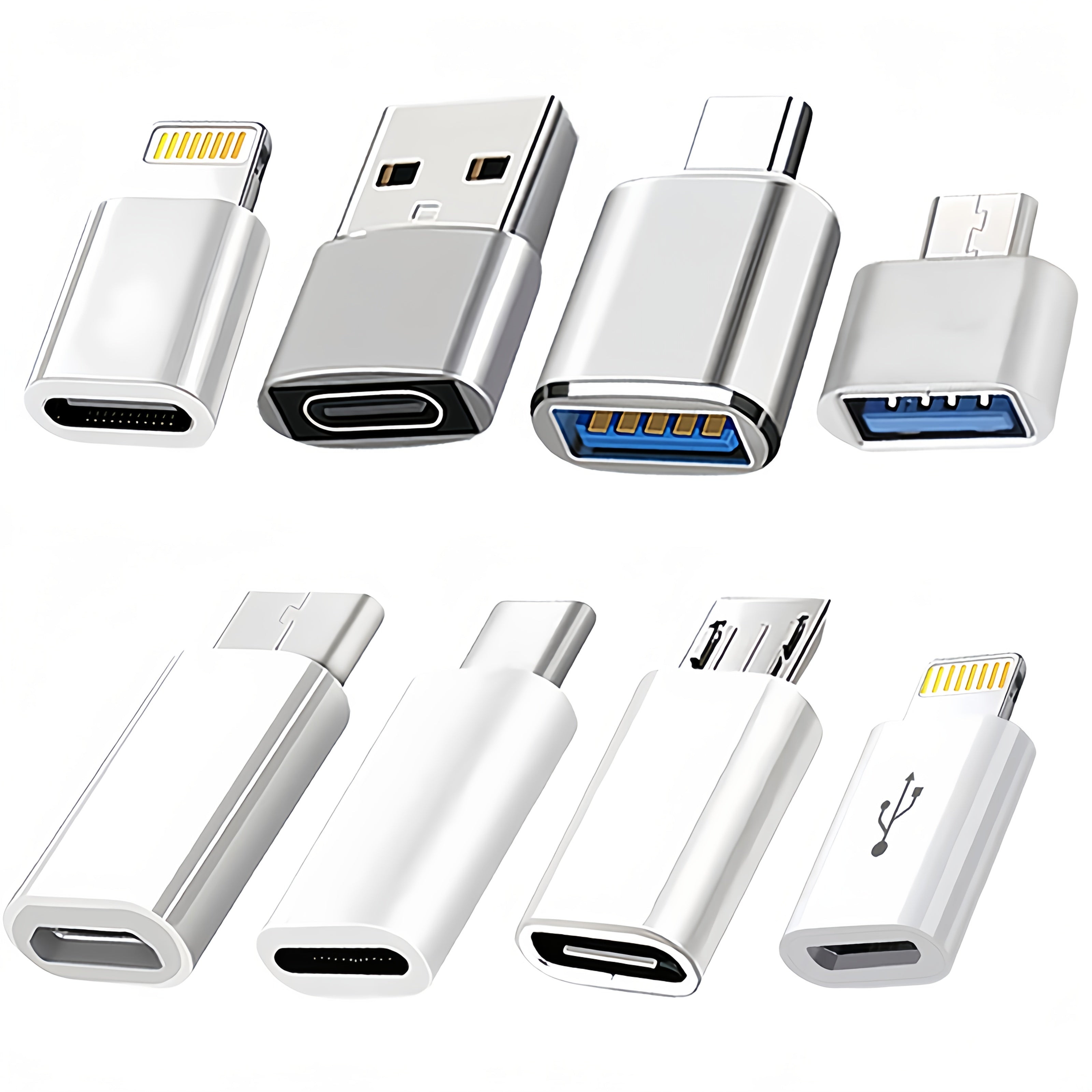 8pcs USB Type-C Adapter Set | USB-C to Lightning, Micro USB to USB-C, USB OTG, USB-C Male to USB 3.0 Female Adapters for Quick Charging and Data Transfer on Laptops and Phones