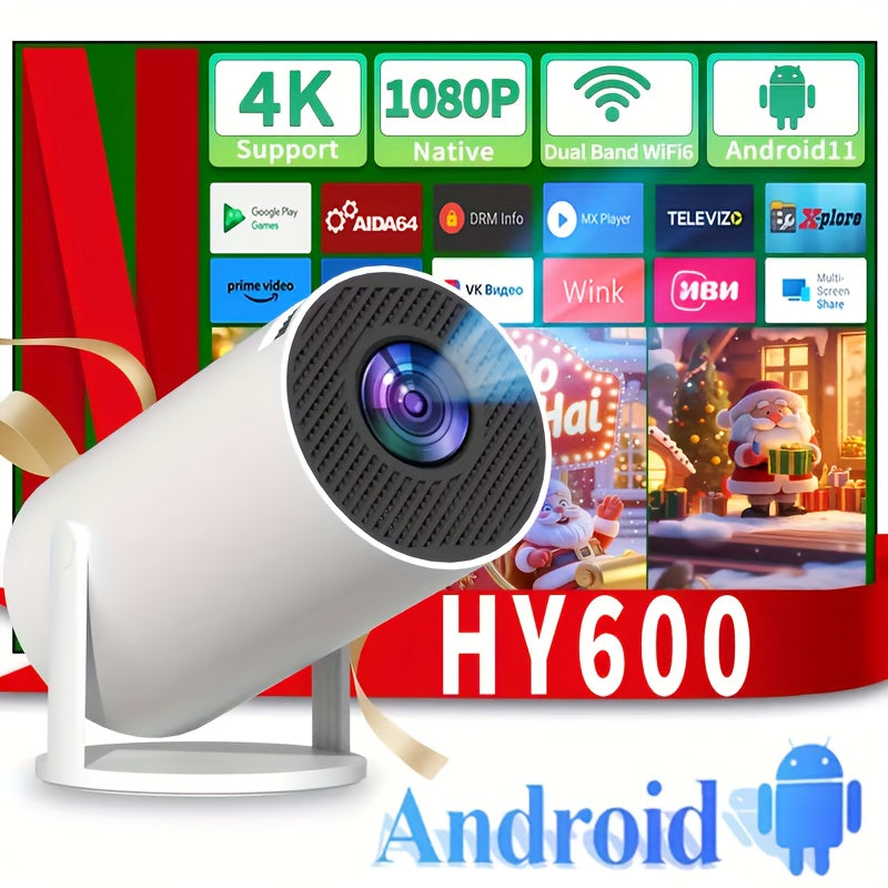 Portable Projector HY600 with Android 11 | 4K/1080P Full HD, Automatic Keystone Correction, 290 Lumens Brightness, Compatible with Laptops/PCs/Smartphones/USB, EU Plug