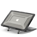 Dark gray rugged MacBook Air cover with clear TPU bumper, frosted plastic, honeycomb texture, and foldable stand.