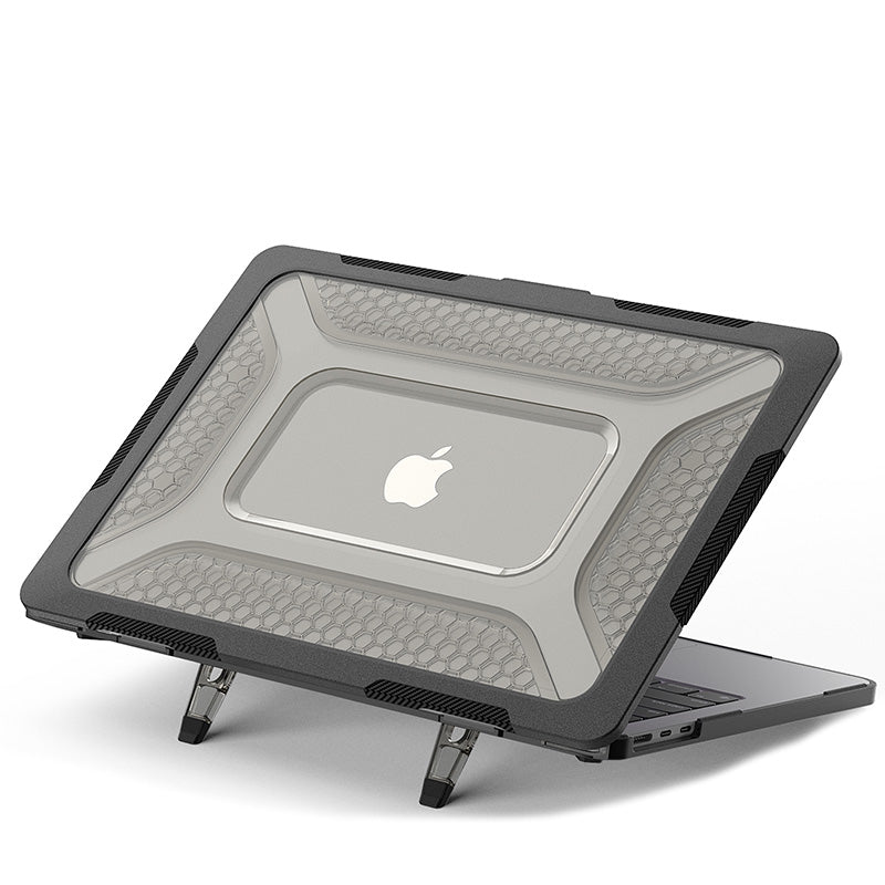 Dark gray rugged MacBook Air cover with clear TPU bumper, frosted plastic, honeycomb texture, and foldable stand.