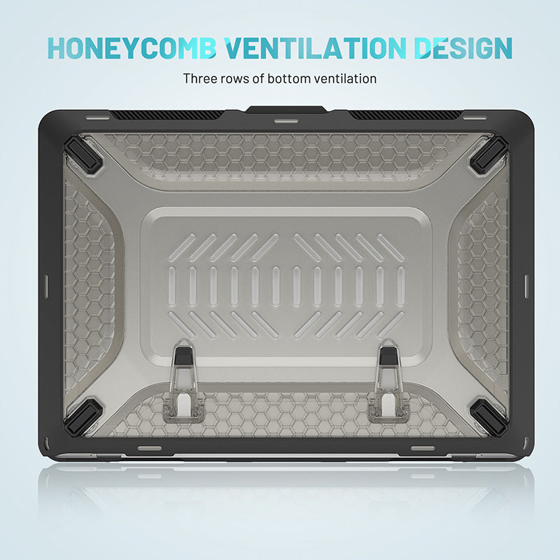 Black TPU bumper and frosted grey MacBook Air laptop cover featuring honeycomb ventilation design and two foldable stands.