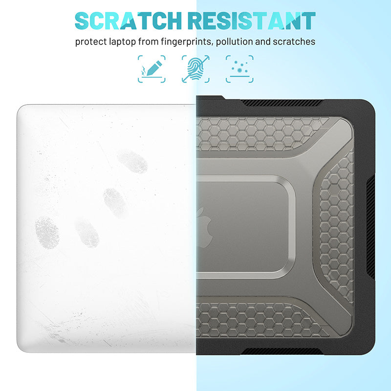 Rugged black and gray anti-scratch MacBook Air laptop cover with TPU bumper, protecting against fingerprints and scratches.