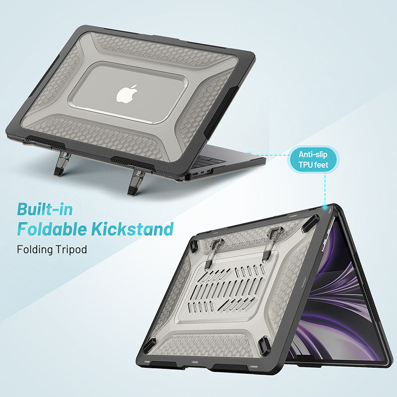 Rugged black TPU bumper MacBook Air case with frosted clear back, built-in foldable kickstand, and anti-slip feet.