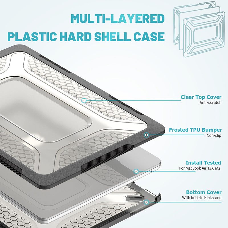 Clear anti-scratch plastic hard shell MacBook Air case with frosted dark gray TPU bumper and built-in kickstand.