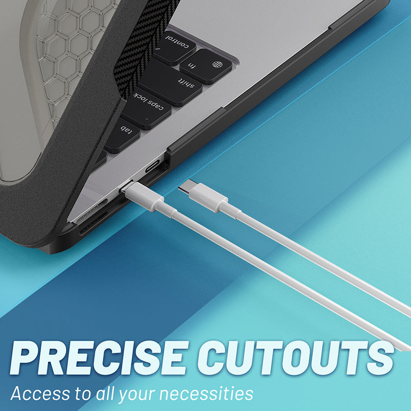 Black rugged MacBook Air cover with clear TPU bumper, showing precise port cutouts as two white USB-C cables plug in.