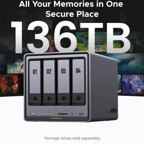 UGREEN NASync DXP4800 Plus 4-Bay Desktop NAS, Intel Pentium Gold 8505 5-Core CPU, 136TB Storage Capacity, 2x M.2 SSD Drive Slots, 10GbE + 2.5GbE LAN, 4K HDMI, Diskless, Black | 35260