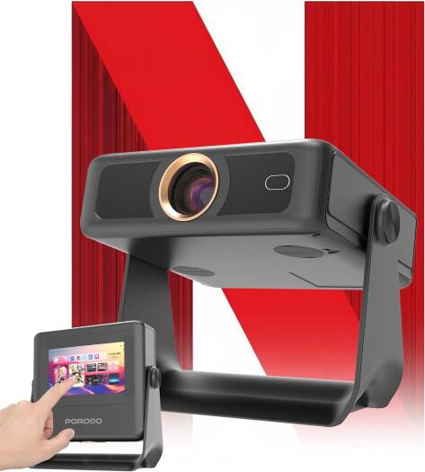 Porodo LifeStyle Optivis Smart HD Projector, 200 ANSI Lumens, 7 Inch IPS Capacitive Touch Display, Up to 250 Inches, Unique Smart Tablet, Auto Focus & Keystone, Native 1080P Movie, Black | PDA10BBK