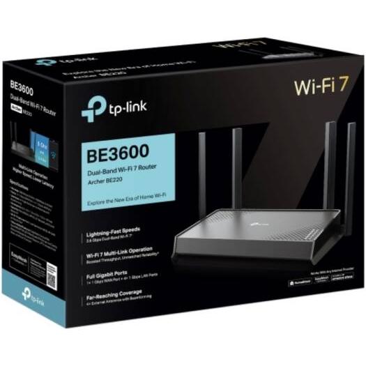 Tp-link Archer BE220, BE3600 Dual-Band Wi-Fi 7 Router, TP-Link BE3600 WiFi 7 Dual-Band Wireless Router, Up to 3.6Gbps Speeds, Full Gigabit WAN/LAN Ports, 4 External Antennas, EasyMesh | Archer BE220